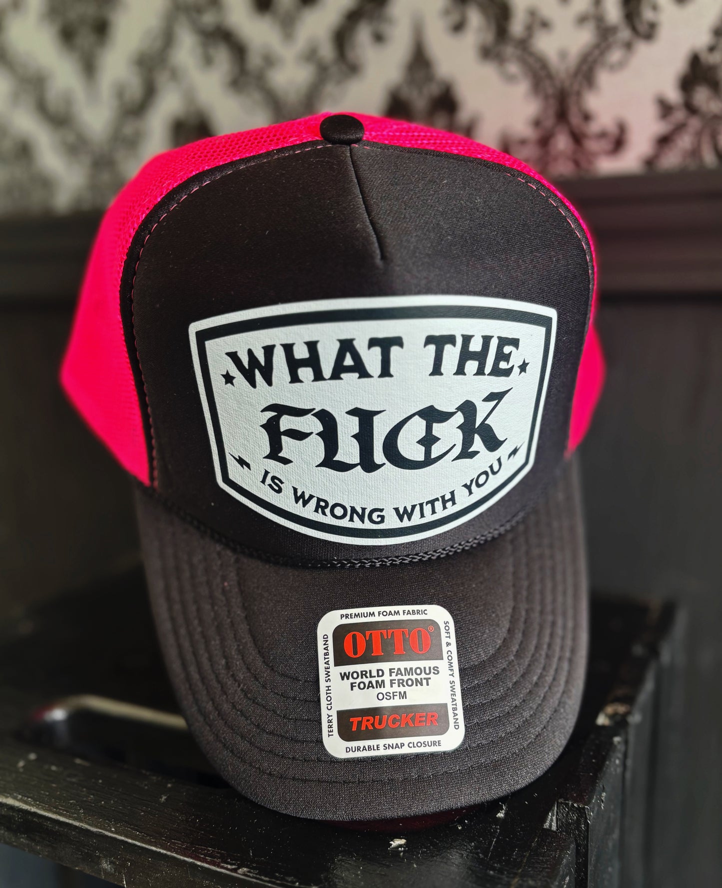 Hot Pink & Black Graphic Trucker Hat WTF quote