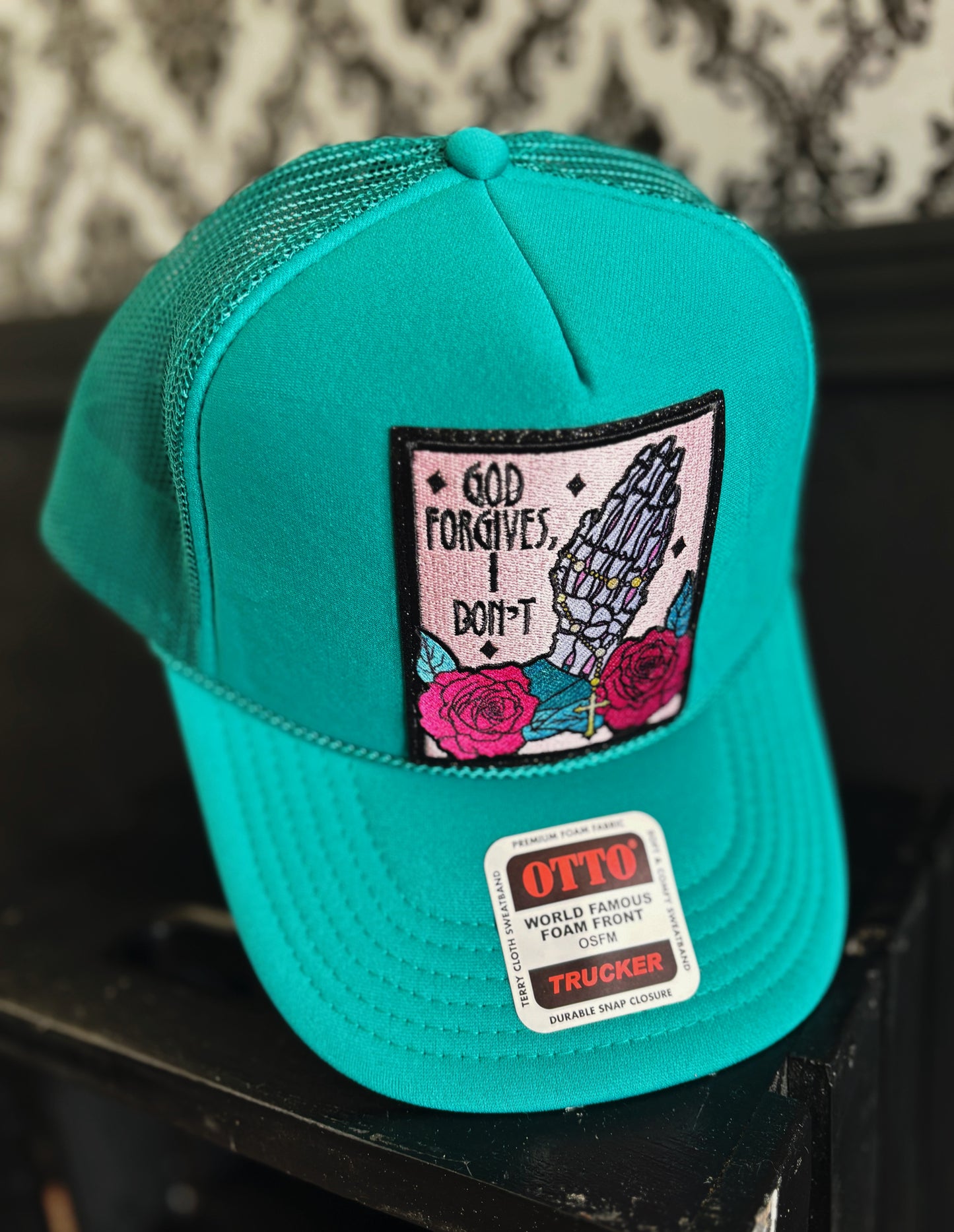 Teal Trucker Hat with Skeleton Prayer Patch