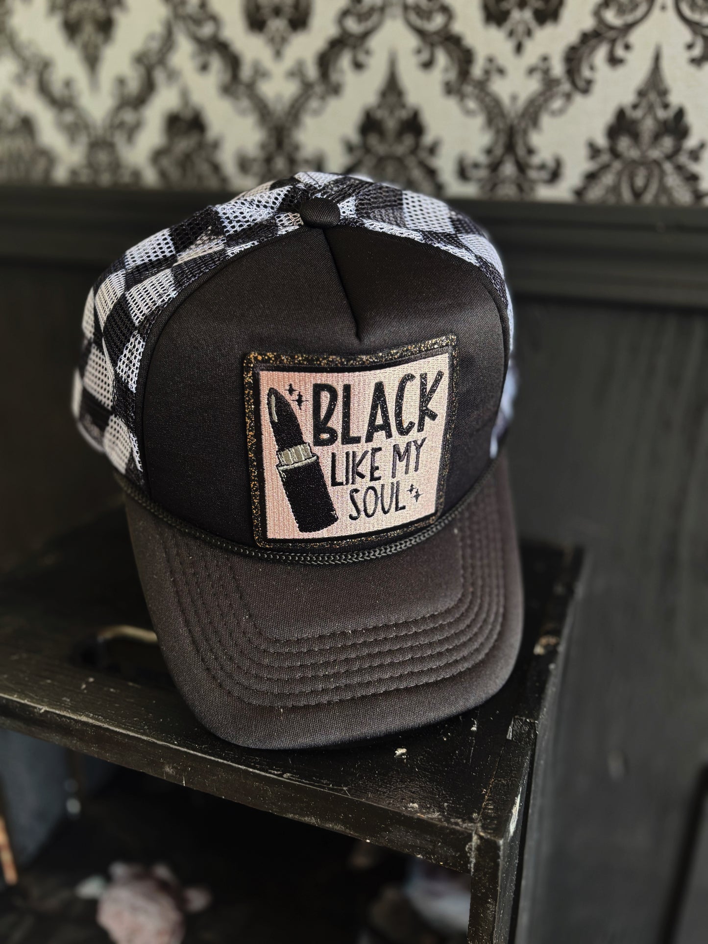 Black checkered Trucker Hat with 'Black like My Soul' patch