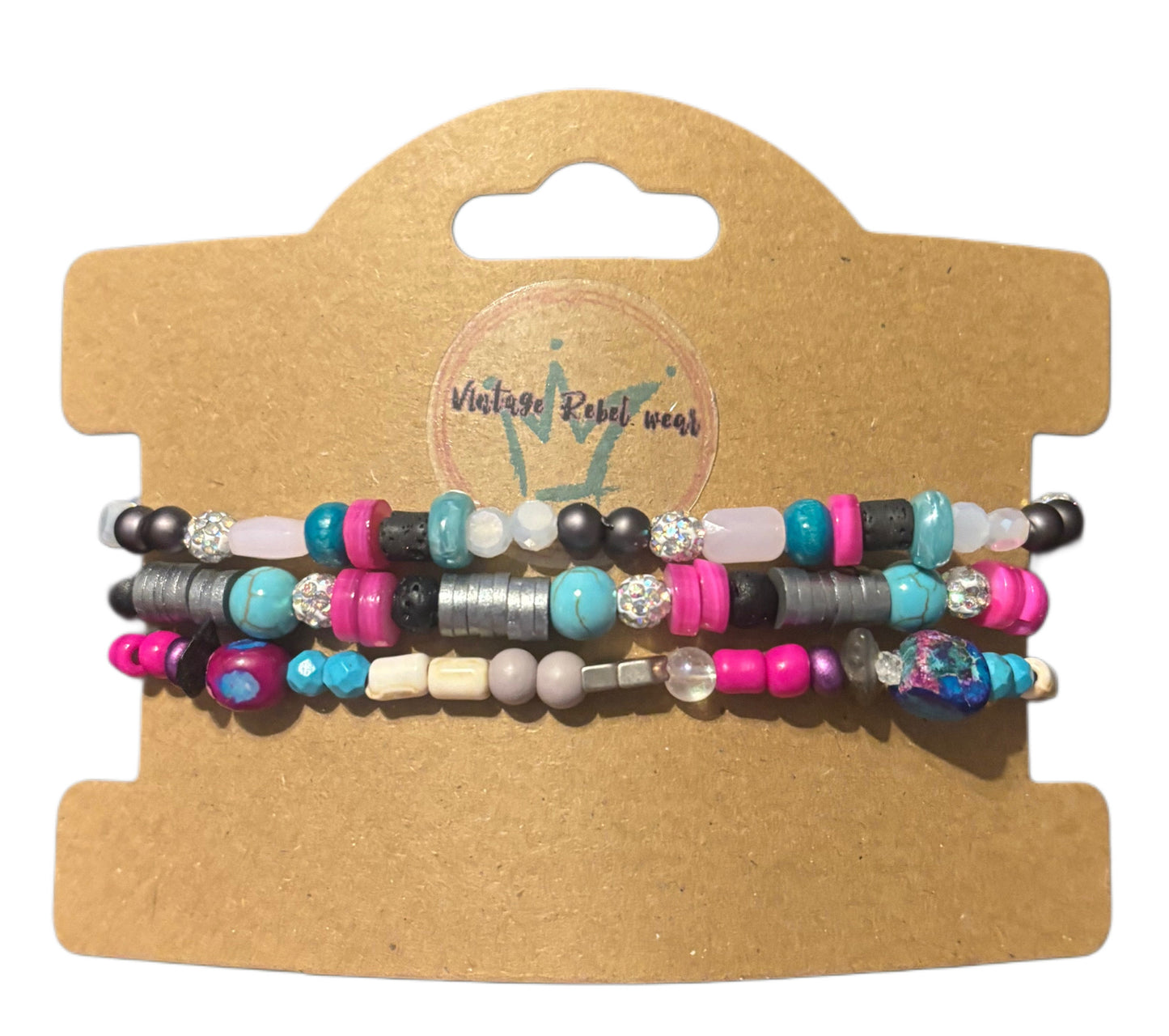 PINK TURQUOISE BLACK & GREY set of 3 elastic string bracelets!