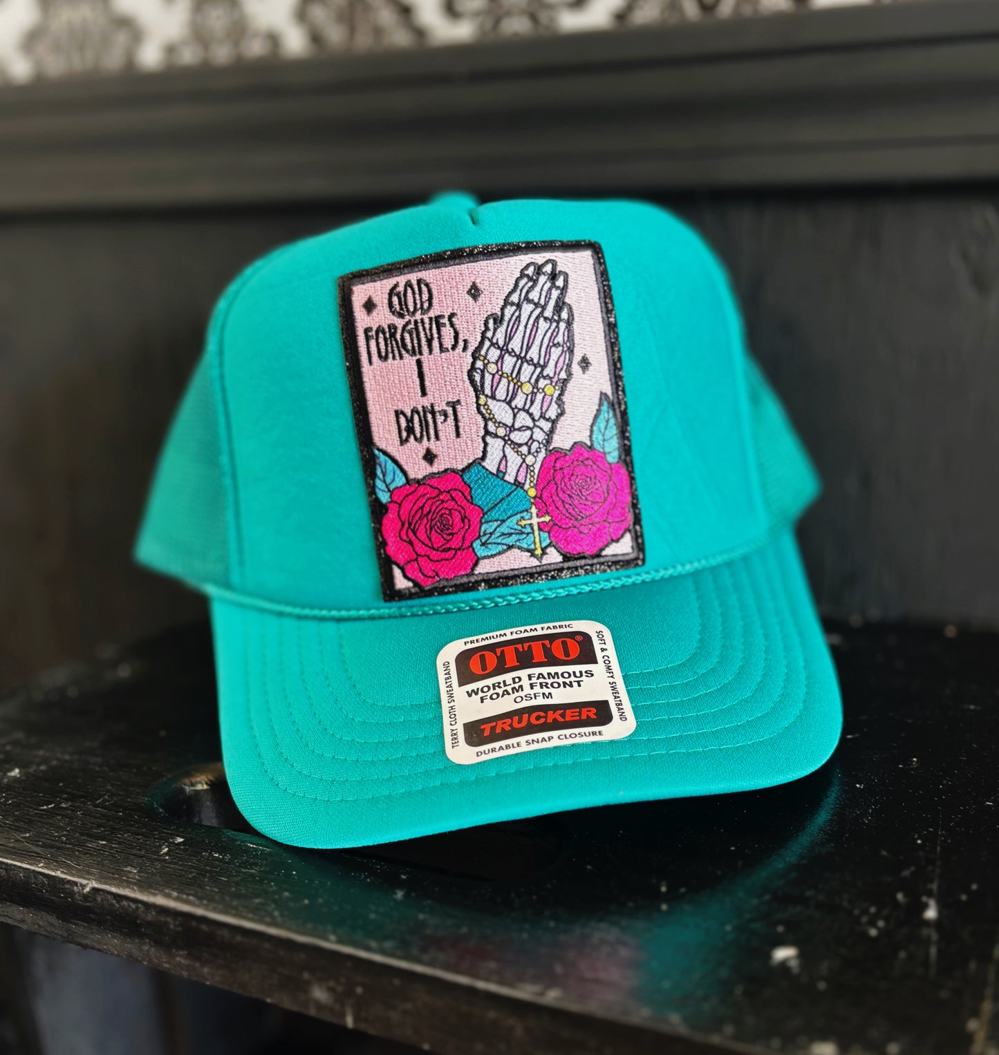 Teal Trucker Hat with Skeleton Prayer Patch